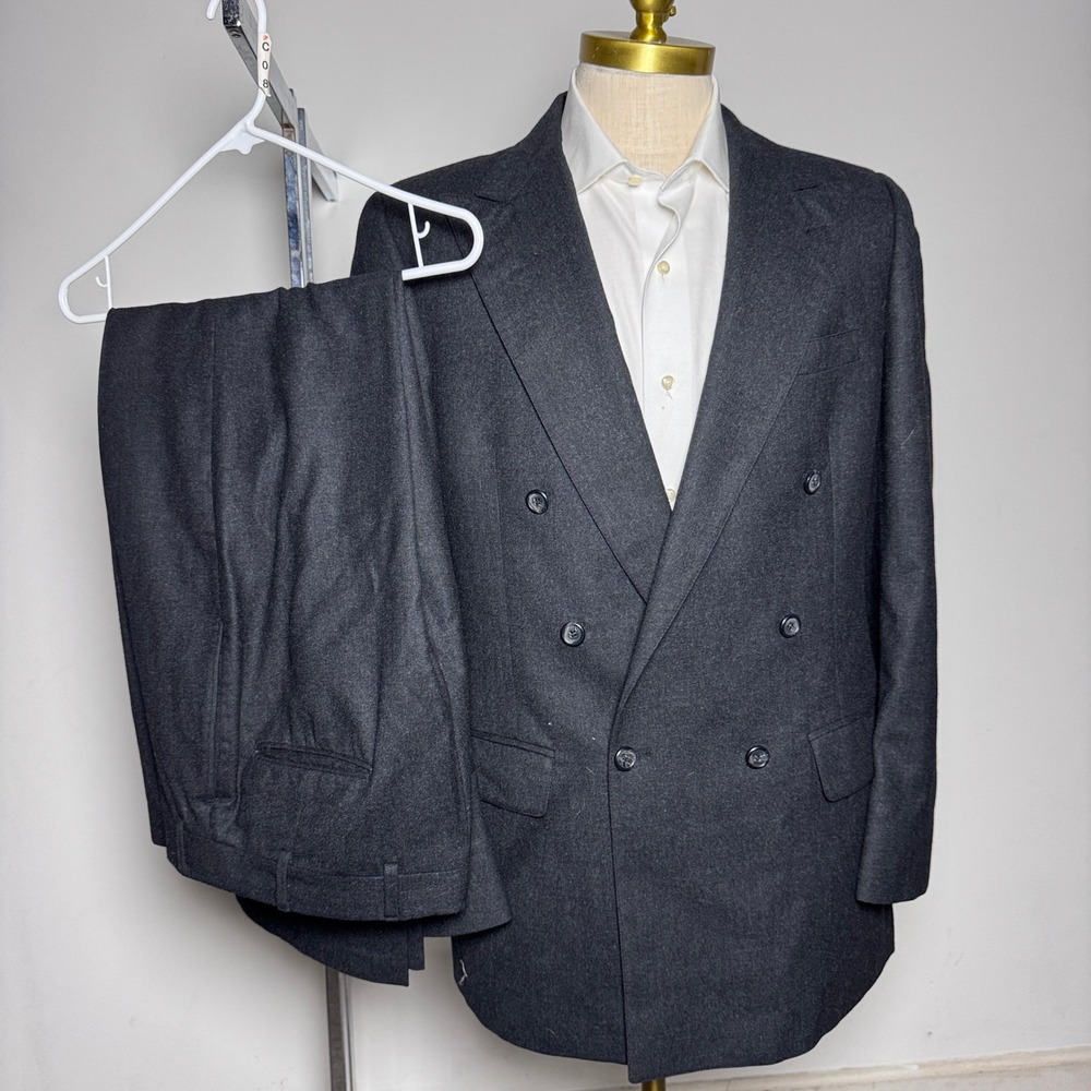 Barrister Wallachs Suit Mens 38R W33 Charcoal Grey Solid Double Breasted Vintage
